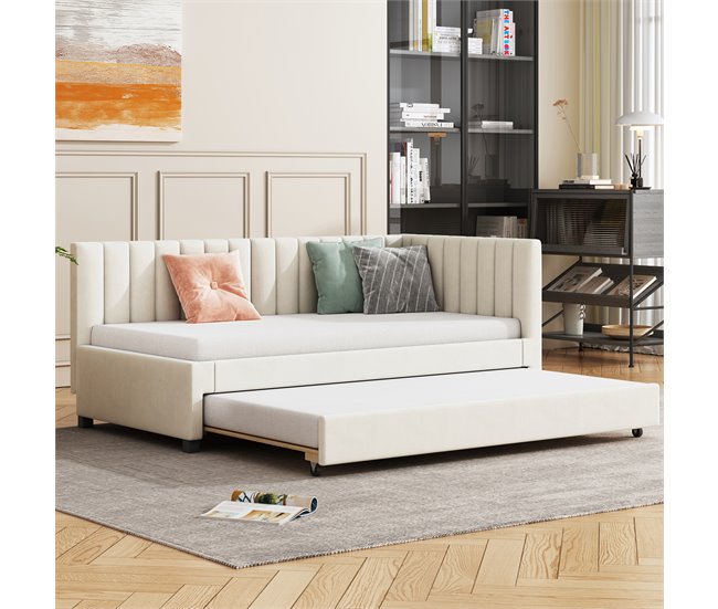 Conforama Cama Individual 90x200 Cm Con Cama Nido - Tapizada En Terciopelo Con Somier De Láminas - Beige