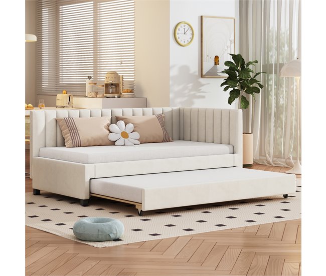 Conforama Cama Individual 90x200 Cm Con Cama Nido - Tapizada En Terciopelo Con Somier De Láminas - Beige