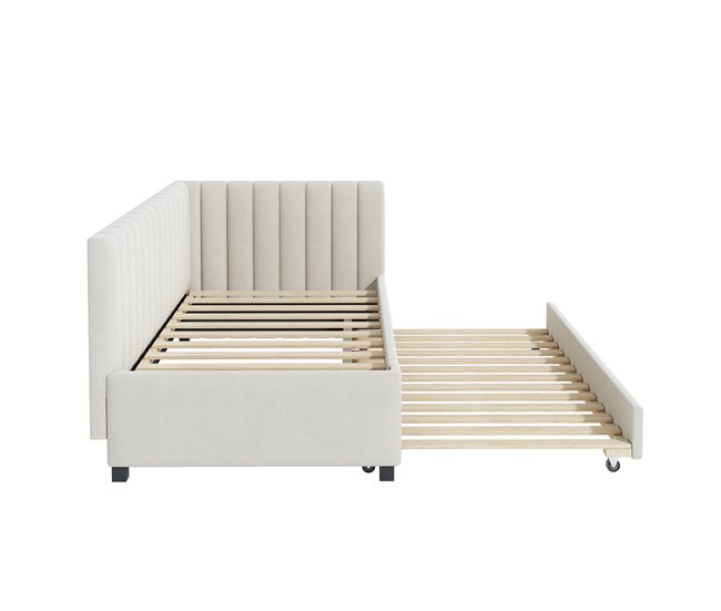 Conforama Cama individual 90x200 cm con cama nido - tapizada en terciopelo con somier de láminas - Beige