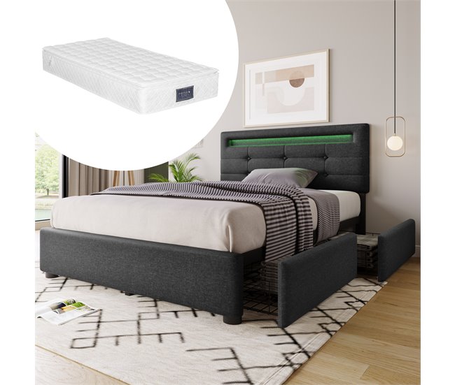 Conforama Cama Individual De Lino 90x200cm Con Luz LED 2 Cajónes Y Cabecera De Altura Ajustable Incluye Colchón De Muelles Gris