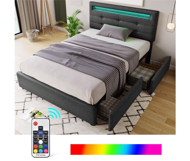 Conforama Cama Individual De Lino 90x200cm Con Luz LED 2 Cajónes Y Cabecera De Altura Ajustable Sin Colchón Gris
