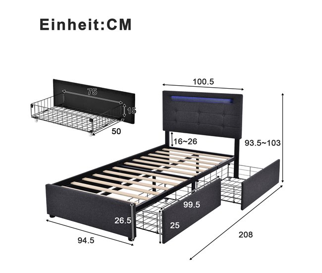 Conforama Cama Individual De Lino 90x200cm Con Luz LED 2 Cajónes Y Cabecera De Altura Ajustable Sin Colchón Gris