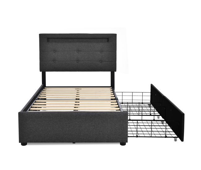 Conforama Cama Individual De Lino 90x200cm Con Luz LED 2 Cajónes Y Cabecera De Altura Ajustable Sin Colchón Gris