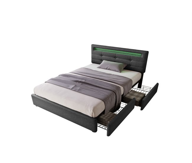 Conforama Cama individual de lino 90x200cm con luz LED 2 cajónes y cabecera de altura ajustable incluye colchón de muelles gris