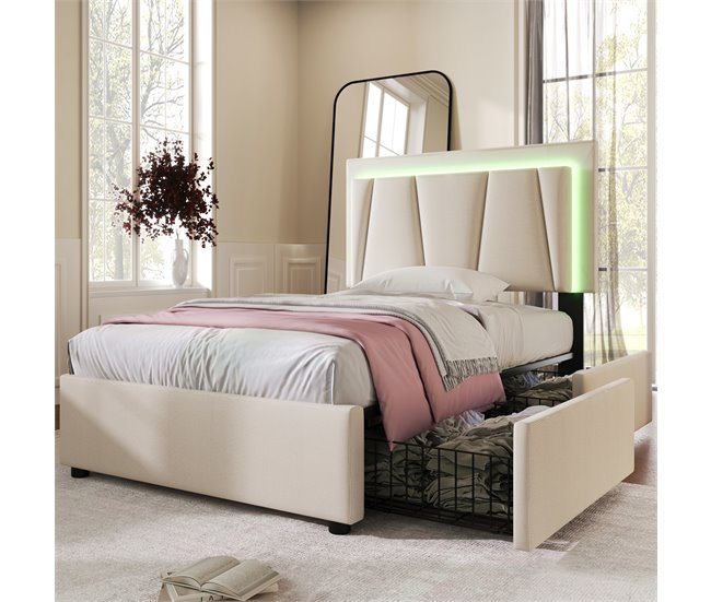 Conforama Cama Individual De Madera Maciza 90x200cm Con 2 Cajónes Luz LED Y Cabecera De Altura Ajustable Beige