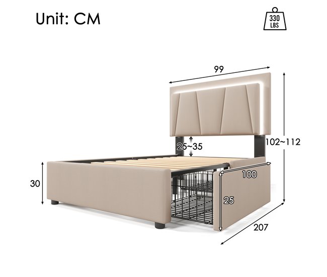 Conforama Cama Individual De Madera Maciza 90x200cm Con 2 Cajónes Luz LED Y Cabecera De Altura Ajustable Beige
