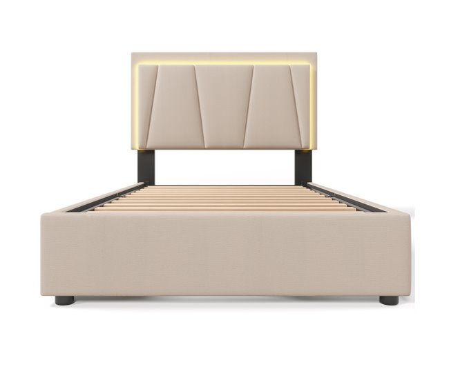 Conforama Cama Individual De Madera Maciza 90x200cm Con 2 Cajónes Luz LED Y Cabecera De Altura Ajustable Beige