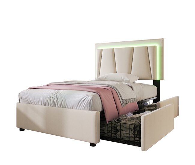 Conforama Cama individual de madera maciza 90x200cm con 2 cajónes luz LED y cabecera de altura ajustable beige