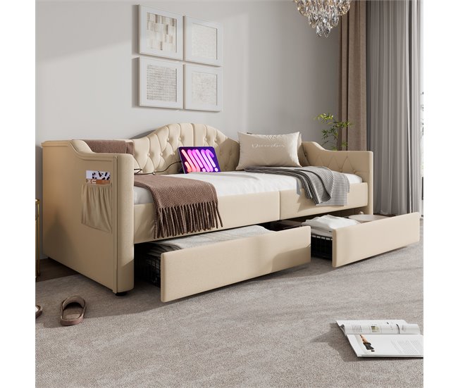 Conforama Cama Individual De Terciopelo 90x190cm Con 2 Cajónes Puerto USB Y Tipo C Beige