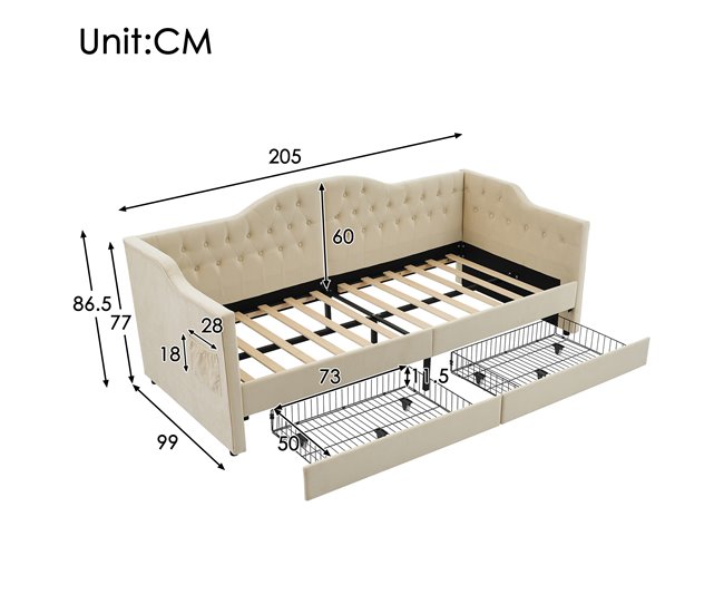 Conforama Cama Individual De Terciopelo 90x190cm Con 2 Cajónes Puerto USB Y Tipo C Beige
