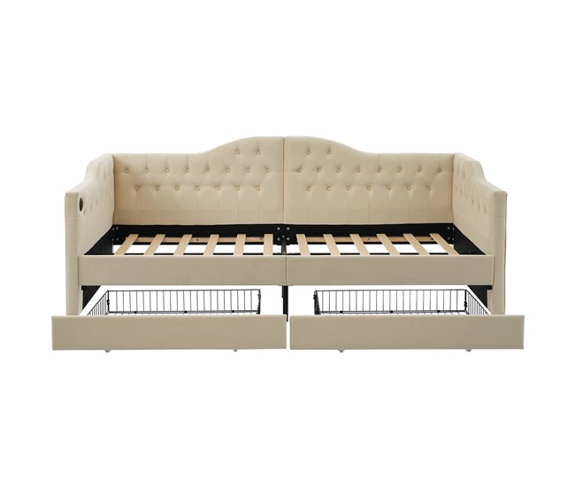 Conforama Cama Individual De Terciopelo 90x190cm Con 2 Cajónes Puerto USB Y Tipo C Beige