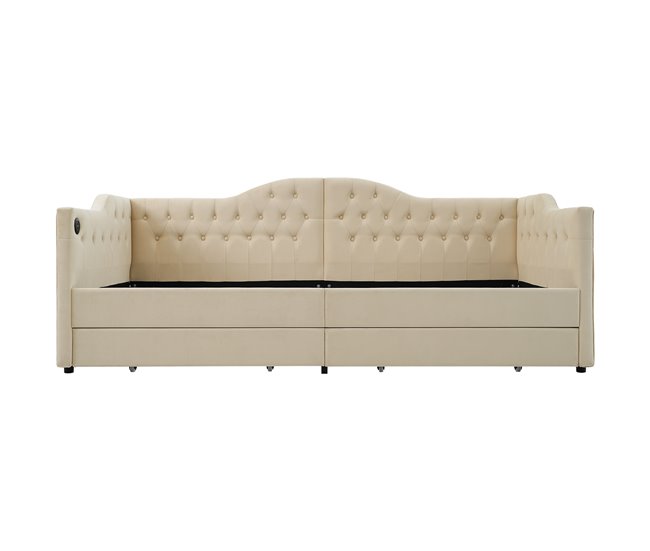 Conforama Cama individual de terciopelo 90x190cm con 2 cajónes puerto USB y tipo C beige