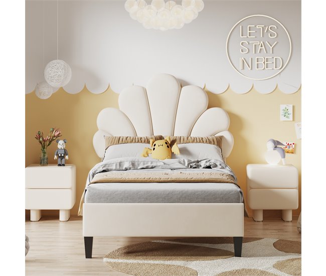 Conforama Cama Individual Tapizada En Terciopelo - 90x200cm - Cabecero En Forma De Flor - Con Somier - Beige