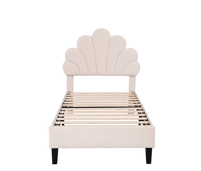 Conforama Cama individual tapizada en terciopelo - 90x200cm - cabecero en forma de flor - con somier - Beige