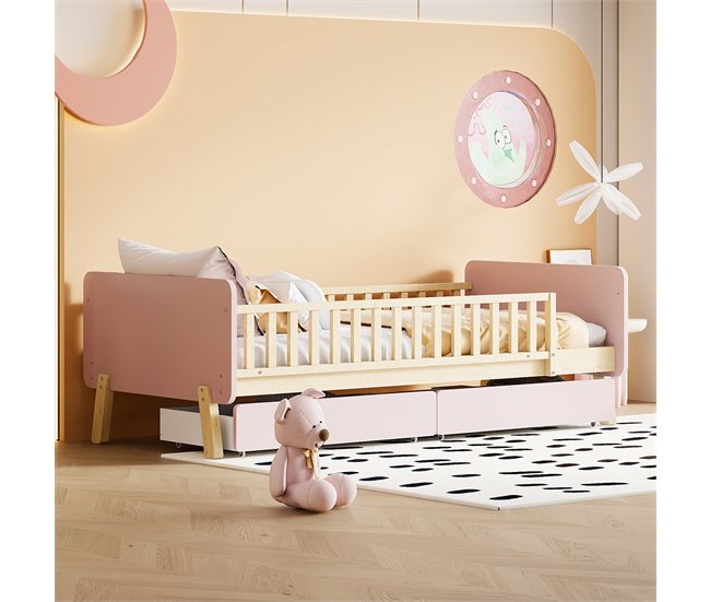 Conforama Cama Infantil 90x190cm Con 2 Cajones - Cama Individual De Madera Maciza Con Somier - Rosa
