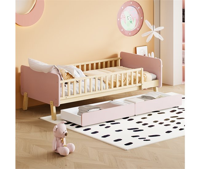 Conforama Cama Infantil 90x190cm Con 2 Cajones - Cama Individual De Madera Maciza Con Somier - Rosa