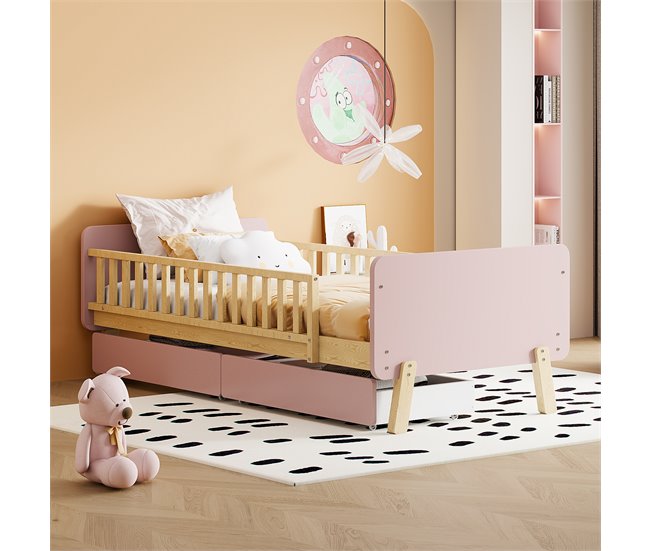 Conforama Cama Infantil 90x190cm Con 2 Cajones - Cama Individual De Madera Maciza Con Somier - Rosa