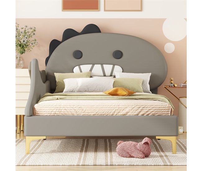 Conforama Cama Infantil 90x200 Cm - Con Forma De Dinosaurio - En Símil Piel - Gris