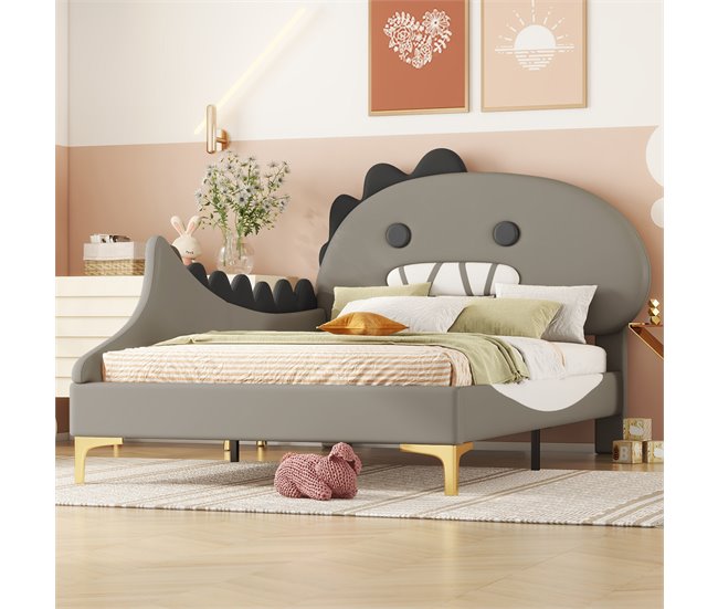 Conforama Cama Infantil 90x200 Cm - Con Forma De Dinosaurio - En Símil Piel - Gris