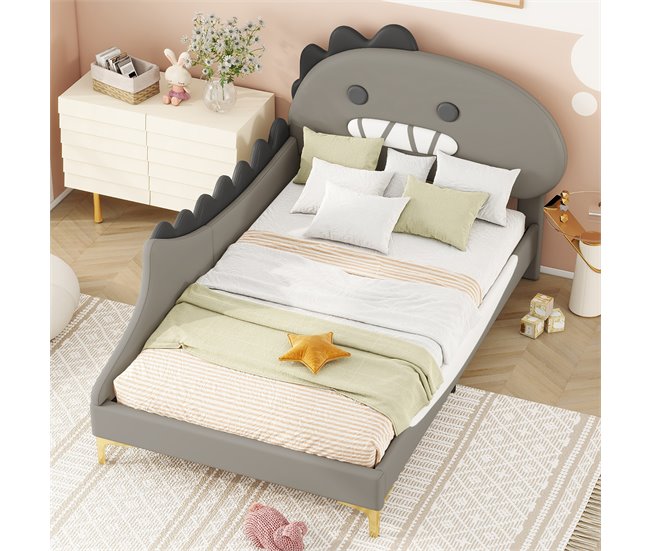 Conforama Cama Infantil 90x200 Cm - Con Forma De Dinosaurio - En Símil Piel - Gris