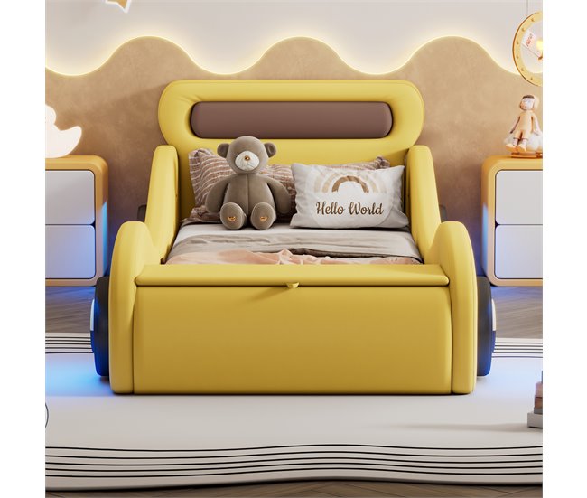 Conforama Cama Infantil 90x200cm - Cama Acolchada En Forma De Coche Con Ruedas Iluminadas - Amarillo