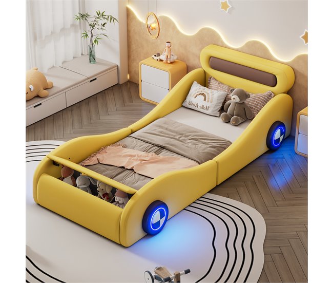 Conforama Cama Infantil 90x200cm - Cama Acolchada En Forma De Coche Con Ruedas Iluminadas - Amarillo