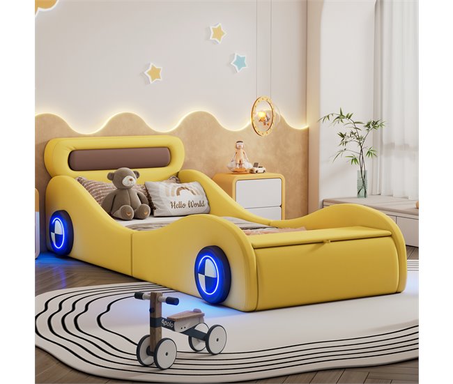 Conforama Cama Infantil 90x200cm - Cama Acolchada En Forma De Coche Con Ruedas Iluminadas - Amarillo
