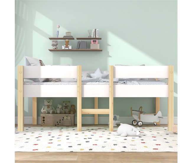 Conforama Cama Infantil Cama Alta Cama De Media Altura De Madera De Pino 90x200cm Con Escalera Y Protección Contra Caídas Blanco+color Madera