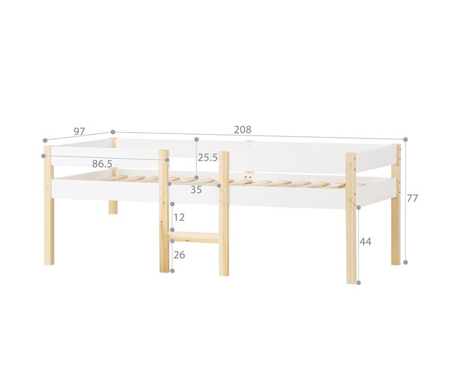 Conforama Cama Infantil Cama Alta Cama De Media Altura De Madera De Pino 90x200cm Con Escalera Y Protección Contra Caídas Blanco+color Madera