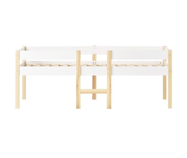 Conforama Cama Infantil Cama Alta Cama De Media Altura De Madera De Pino 90x200cm Con Escalera Y Protección Contra Caídas Blanco+color Madera