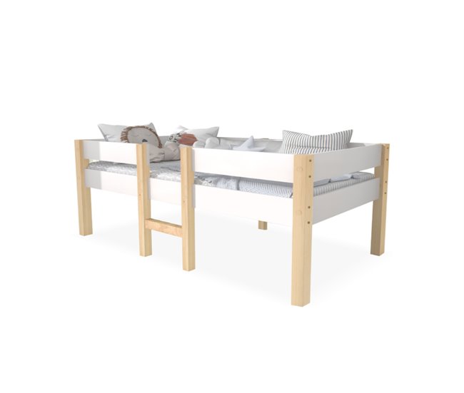 Conforama Cama infantil cama alta cama de media altura de madera de pino 90x200cm con escalera y protección contra caídas blanco+color madera