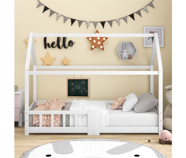 Conforama Cama Infantil Cama Cabaña De Madera De Pino 90x200cm Con Tablero Y Protección Contra Caídas En Forma De Casa Blanco
