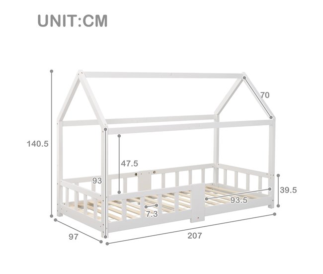 Conforama Cama Infantil Cama Cabaña De Madera De Pino 90x200cm Con Tablero Y Protección Contra Caídas En Forma De Casa Blanco