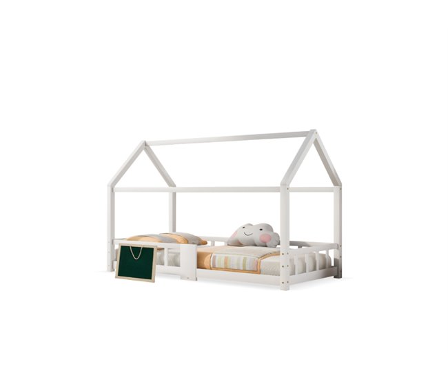 Conforama Cama infantil cama cabaña de madera de pino 90x200cm con tablero y protección contra caídas en forma de casa blanco