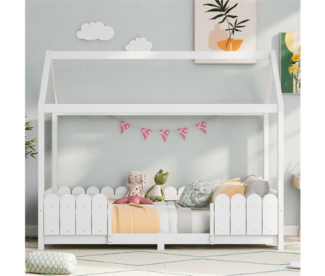 Conforama Cama Infantil Cama Cabaña De Madera Maciza 90x200cm Con Protección Contra Caídas En Forma De Casa Blanco
