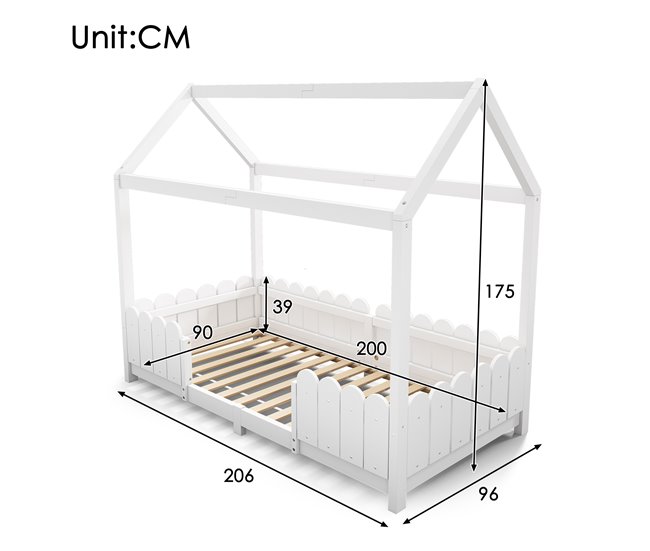Conforama Cama Infantil Cama Cabaña De Madera Maciza 90x200cm Con Protección Contra Caídas En Forma De Casa Blanco