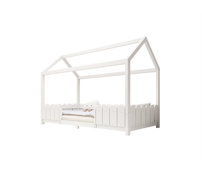 Conforama Cama infantil cama cabaña de madera maciza 90x200cm con protección contra caídas en forma de casa blanco