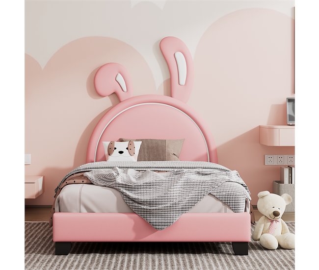 Conforama Cama Infantil De Piel Sintética 90x200 Cm - Cabeza Con Forma De Orejas De Conejo - Rosa