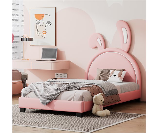 Conforama Cama Infantil De Piel Sintética 90x200 Cm - Cabeza Con Forma De Orejas De Conejo - Rosa