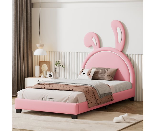 Conforama Cama Infantil De Piel Sintética 90x200 Cm - Cabeza Con Forma De Orejas De Conejo - Rosa