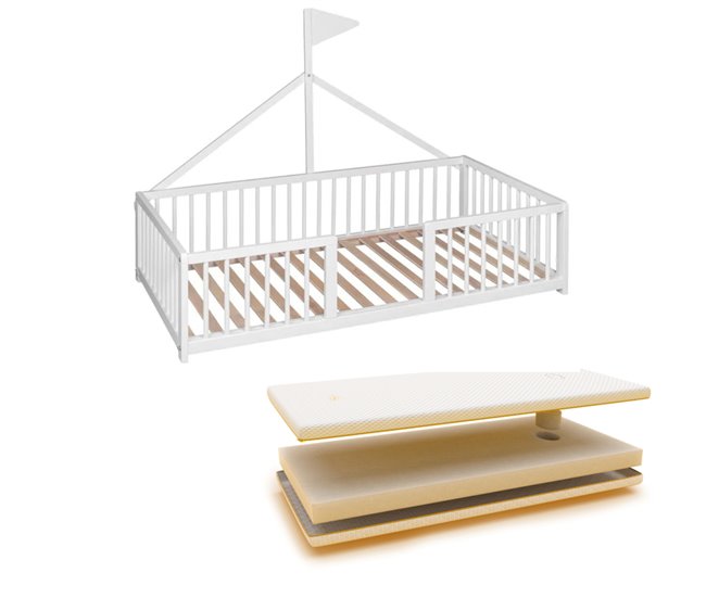 Conforama Cama infantil tipi 140x70 Apache Wonderland de madera de haya y color blanco + colchón sanitario Ternum