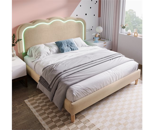 Conforama Cama Juvenile Cama Doble De Lino 140x200cm Con Luz LED Y Cabecera De Altura Ajustable Beige