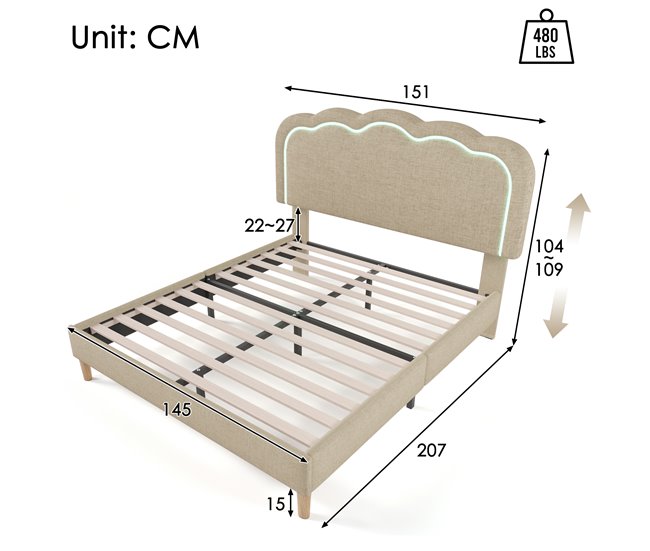 Conforama Cama Juvenile Cama Doble De Lino 140x200cm Con Luz LED Y Cabecera De Altura Ajustable Beige