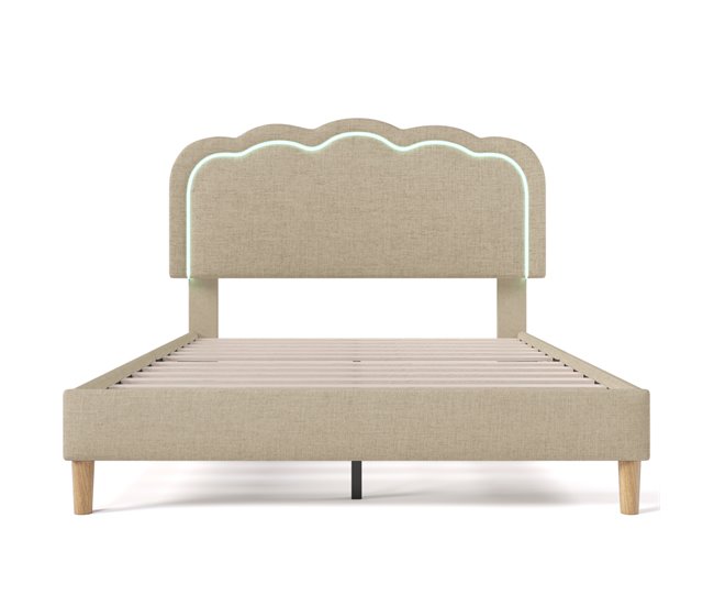 Conforama Cama Juvenile Cama Doble De Lino 140x200cm Con Luz LED Y Cabecera De Altura Ajustable Beige