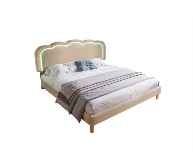 Conforama Cama juvenile cama doble de lino 140x200cm con luz LED y cabecera de altura ajustable beige