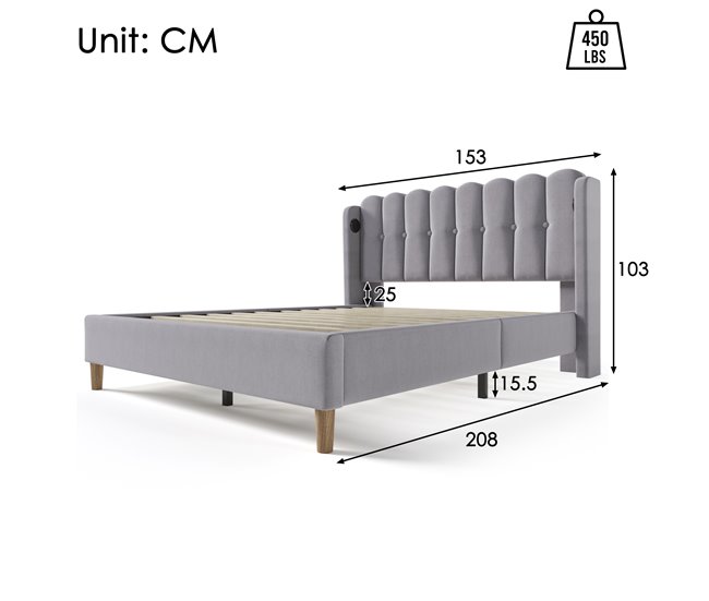 Conforama Cama Juvenile Cama Doble De Lino 140x200cm Con Puerto USB Y Tipo C Gris