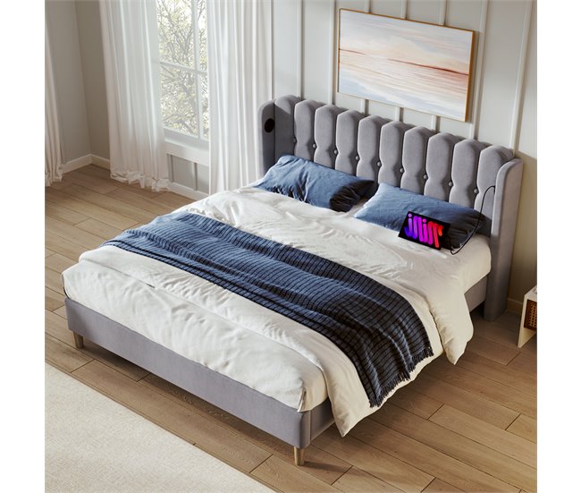 Conforama Cama Juvenile Cama Doble De Lino 160x200cm Con Puerto USB Y Tipo C Gris