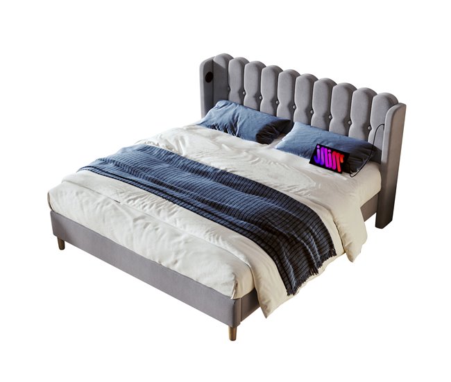 Conforama Cama juvenile cama doble de lino 160x200cm con puerto USB y tipo C gris