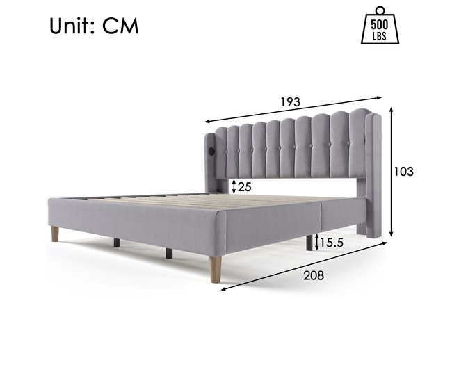 Conforama Cama Juvenile Cama Doble De Lino 180x200cm Con Puerto USB Y Tipo C Gris