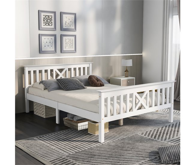 Conforama Cama Juvenile Cama Doble De Madera De Pino 140x200cm En Forma De X Blanco